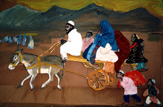 family fleeing with their donkey and cart