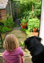 A child and a dog looking out the door after the rain.
