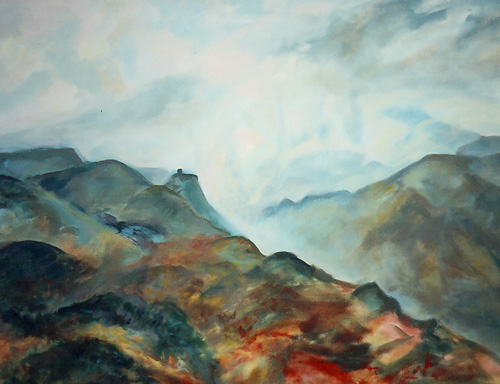 Albion, oil painting of distant tower amongst hills, with mist rising into sunlight.