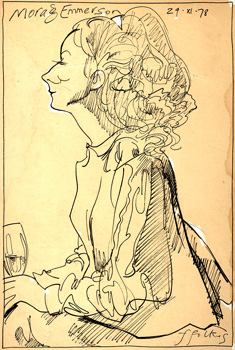 A cartoon by Michael ffolkes of Morag Emmerson drinking champagne in profile, November 1978.