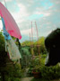 my dog Maisy in the doorway, the washing on the line against the evening sky