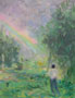 Oil painting of someone with a rainbow arching out of a grey sky.