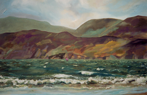 Oil painting of Dingle Bay. Across the cold green waves the north wind leans into your sails.